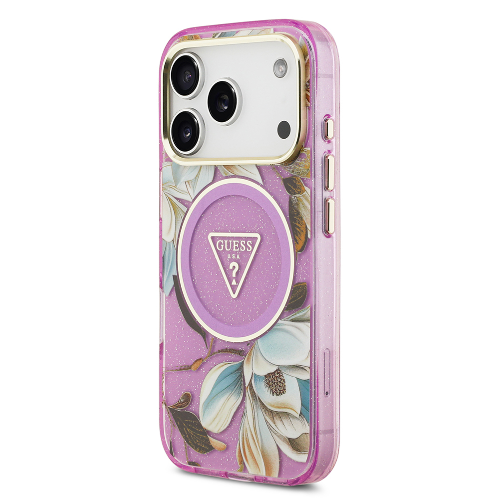 Apple iPhone 17 Pro Uyumlu Kılıf Guess Orjinal Lisanslı M-safe Şarj Özellikli Simli Çiçek Desenli Metal Kamera Çerçeveli Üçgen Logolu Kapak - 13