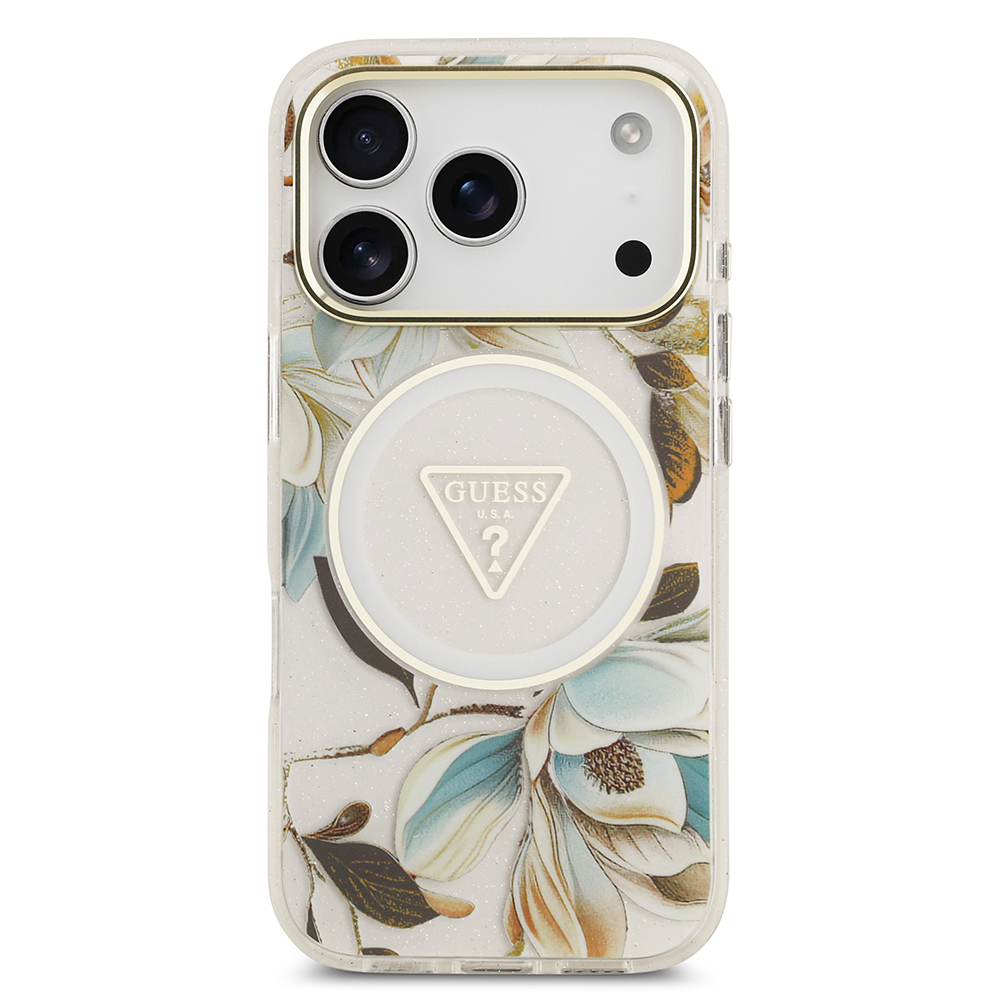 Apple iPhone 17 Pro Uyumlu Kılıf Guess Orjinal Lisanslı M-safe Şarj Özellikli Simli Çiçek Desenli Metal Kamera Çerçeveli Üçgen Logolu Kapak - 20