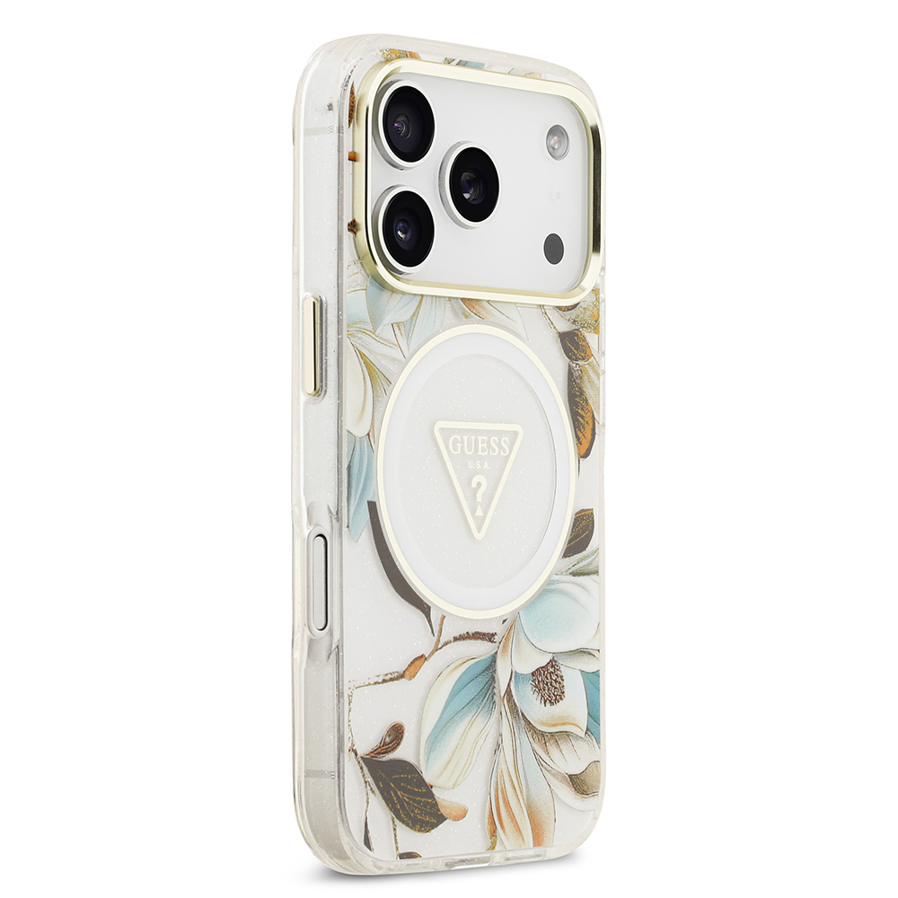 Apple iPhone 17 Pro Uyumlu Kılıf Guess Orjinal Lisanslı M-safe Şarj Özellikli Simli Çiçek Desenli Metal Kamera Çerçeveli Üçgen Logolu Kapak - 21