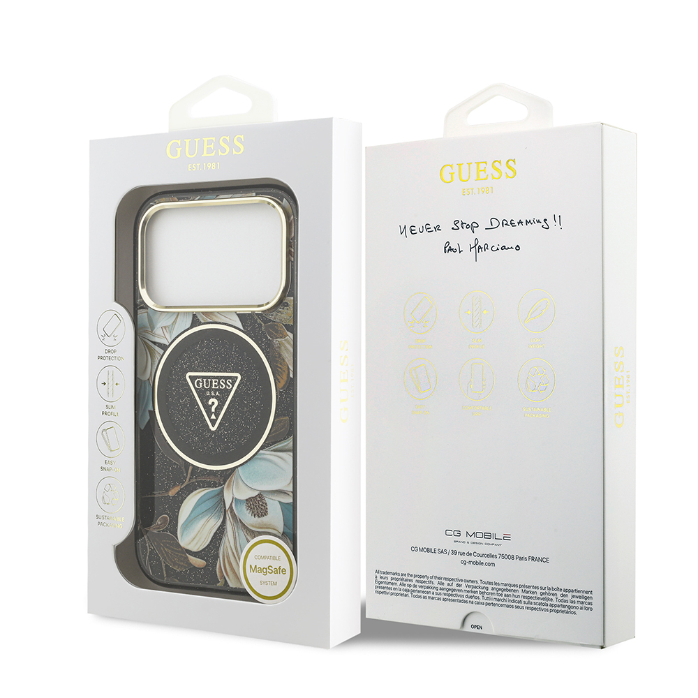 Apple iPhone 17 Pro Uyumlu Kılıf Guess Orjinal Lisanslı M-safe Şarj Özellikli Simli Çiçek Desenli Metal Kamera Çerçeveli Üçgen Logolu Kapak - 25
