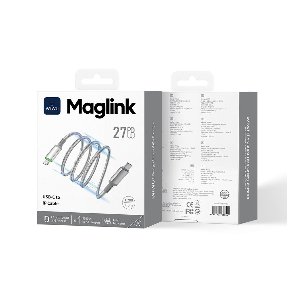 Wiwu Wi-C083 Maglink Serisi Işıklı Magnetik Type-C to Lightning PD Hızlı Şarj Özellikli Data ve Şarj Kablosu 27W 1M - 5