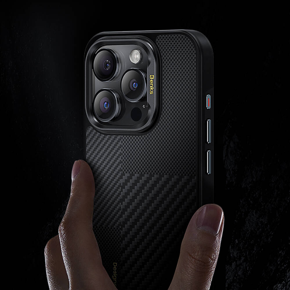 Apple iPhone 16 Plus Uyumlu Kılıf M-safe Şarj Özellikli Karbon Fiber Benks Montage Hybrid ArmorPro Kevlar Kapak - 6