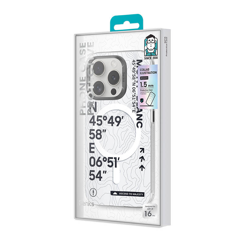 Apple iPhone 16 Pro Uyumlu Kılıf M-safe Şarj Özellikli Koordinat Yazı Desenli Benks Summit Serisi Kapak - 5