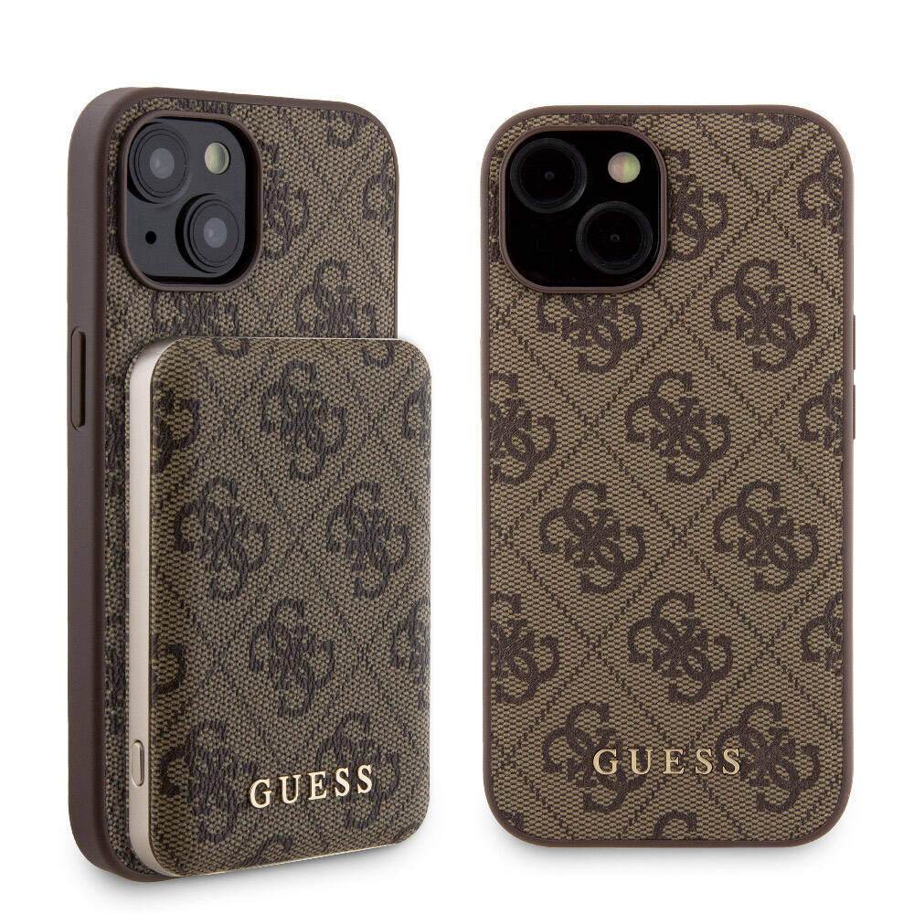 Apple iPhone 15 Uyumlu Kılıf Guess Orjinal Lisanslı M-safe Şarj Özellikli Yazı Logolu 4G Desenli Kapak + Powerbank 5000mAh 2in1 Set - 1