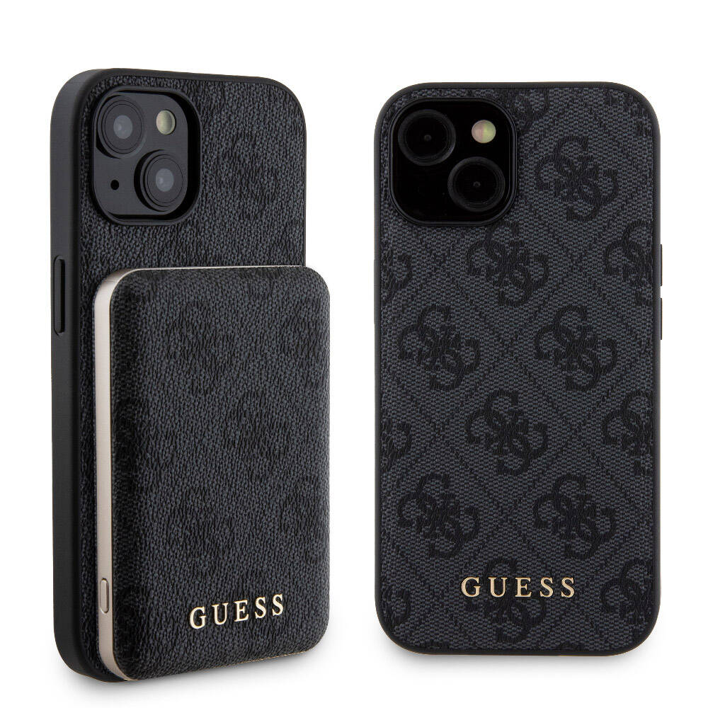 Apple iPhone 15 Uyumlu Kılıf Guess Orjinal Lisanslı M-safe Şarj Özellikli Yazı Logolu 4G Desenli Kapak + Powerbank 5000mAh 2in1 Set - 12