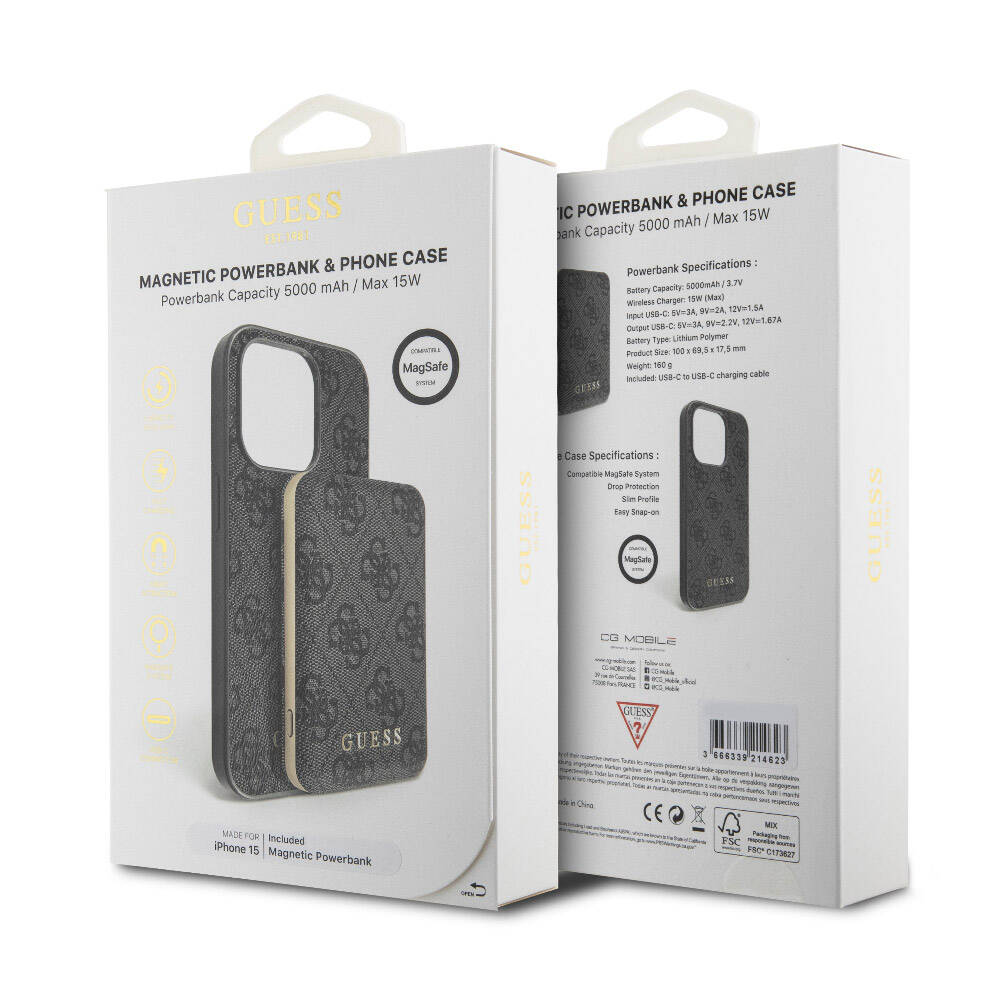 Apple iPhone 15 Uyumlu Kılıf Guess Orjinal Lisanslı M-safe Şarj Özellikli Yazı Logolu 4G Desenli Kapak + Powerbank 5000mAh 2in1 Set - 22