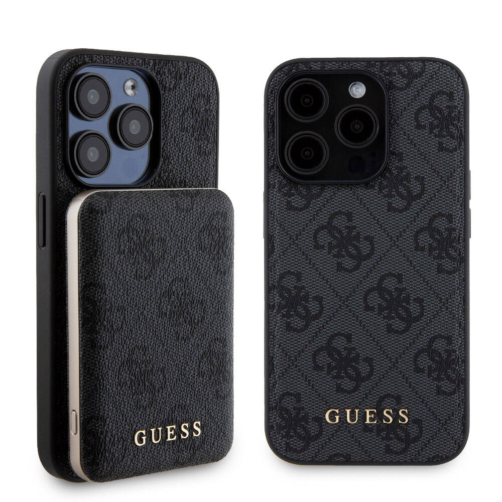 Apple iPhone 15 Pro Uyumlu Kılıf Guess Orjinal Lisanslı M-safe Şarj Özellikli Yazı Logolu 4G Desenli Kapak + Powerbank 5000mAh 2in1 Set - 1