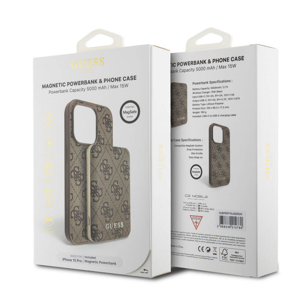 Apple iPhone 15 Pro Uyumlu Kılıf Guess Orjinal Lisanslı M-safe Şarj Özellikli Yazı Logolu 4G Desenli Kapak + Powerbank 5000mAh 2in1 Set - 22