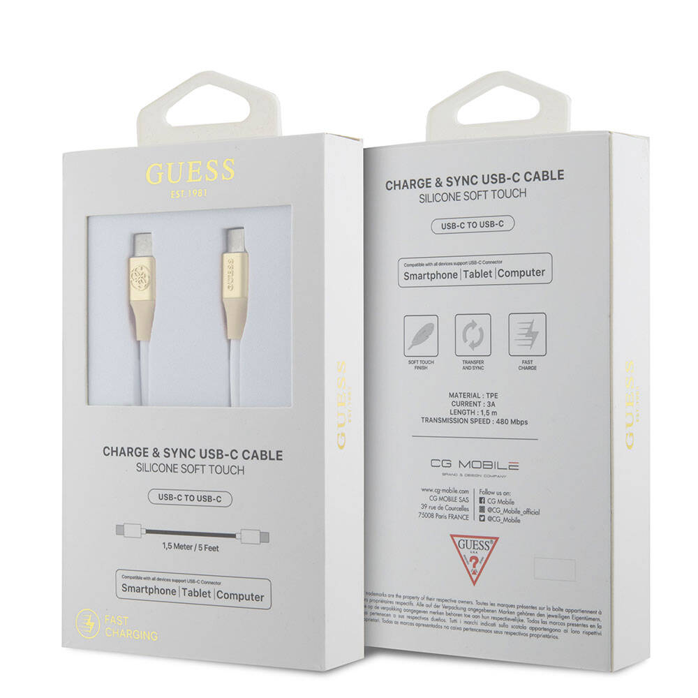 Guess Orjinal Lisanslı 4G ve Yazı Logolu Aydınlatmalı Kablo Ucu Hızlı Şarj Özellikli Type-C To Type-C PD Kablo 3A 1.5m - 2