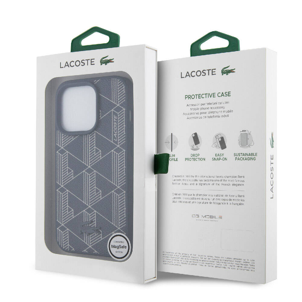 Apple iPhone 15 Pro Uyumlu Kılıf Lacoste Orjinal Lisanslı M-safe Şarj Özellikli PU Deri Görünümlü Karışık Monogram Desenli Kapak - 19