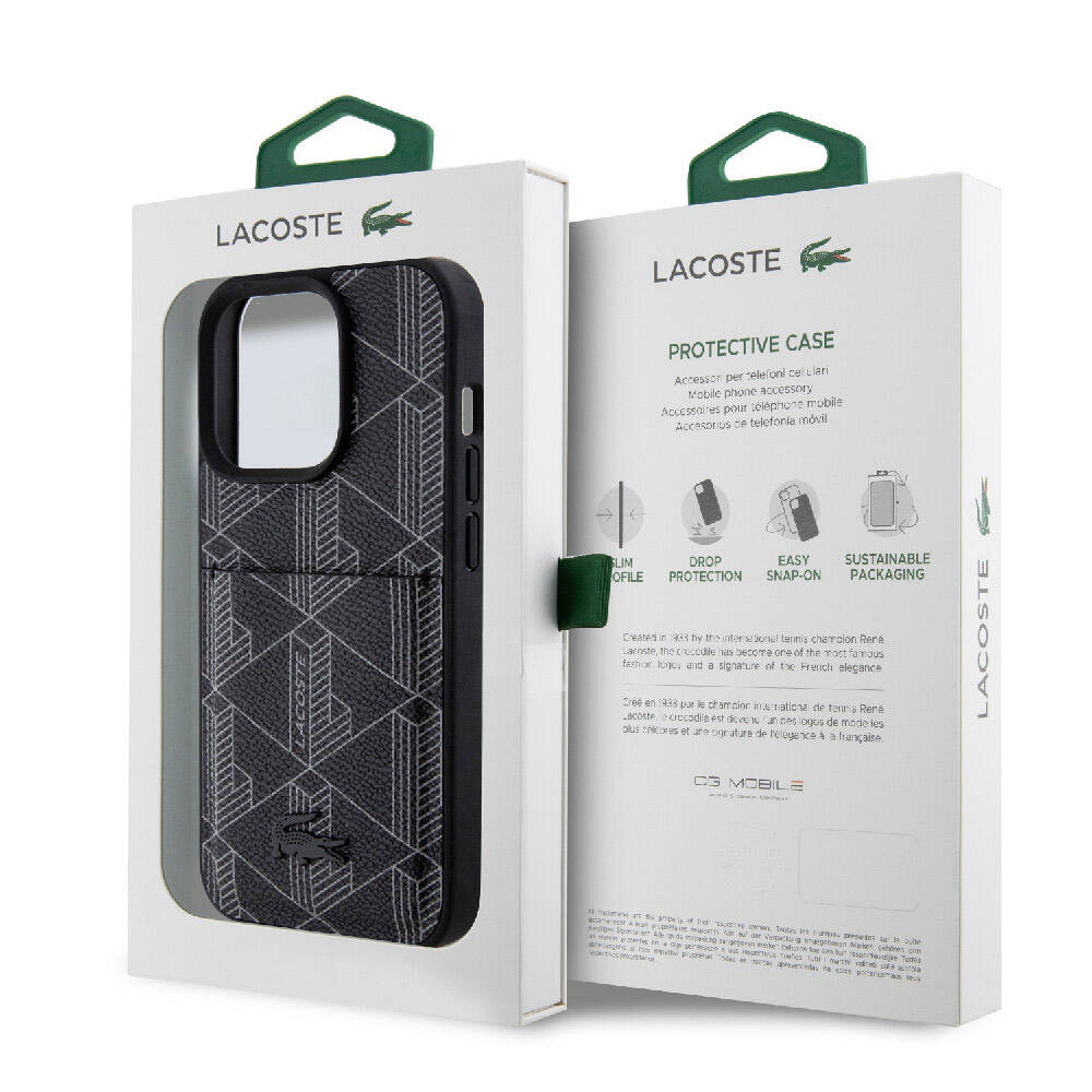 Apple iPhone 15 Pro Uyumlu Kılıf Lacoste Orjinal Lisanslı M-safe Şarj Özellikli PU Deri Görünümlü Kartlıklı Karışık Monogram Desenli Kapak - 7