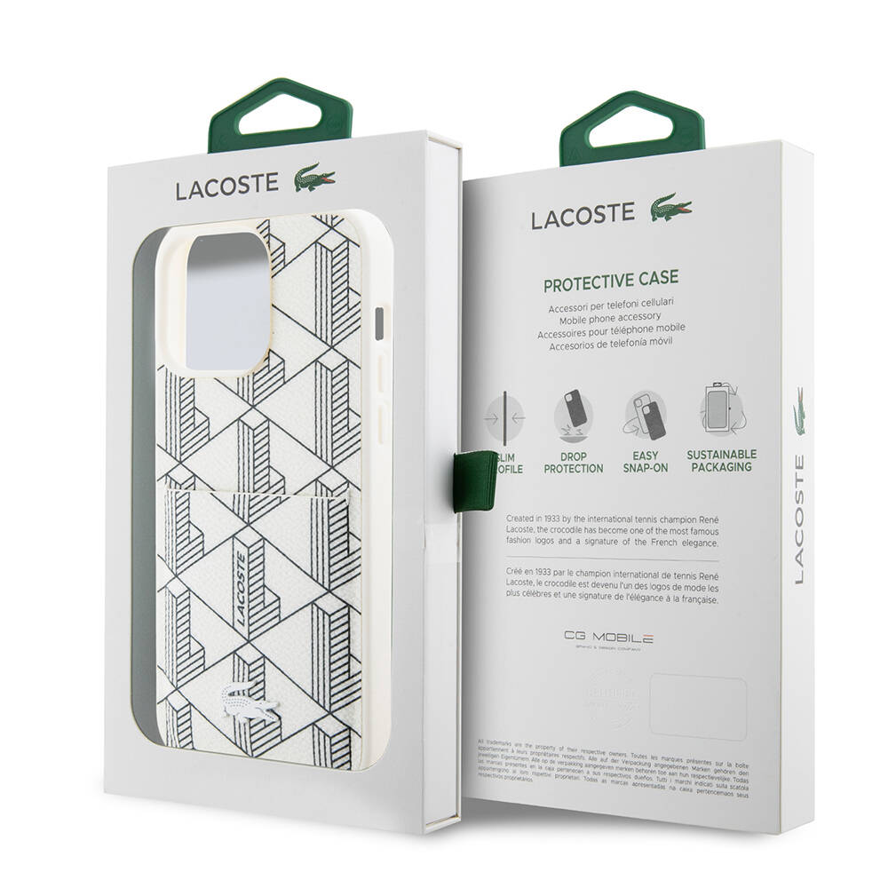 Apple iPhone 15 Pro Uyumlu Kılıf Lacoste Orjinal Lisanslı M-safe Şarj Özellikli PU Deri Görünümlü Kartlıklı Karışık Monogram Desenli Kapak - 14