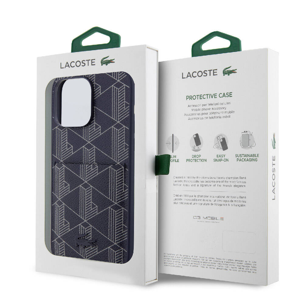 Apple iPhone 15 Pro Uyumlu Kılıf Lacoste Orjinal Lisanslı M-safe Şarj Özellikli PU Deri Görünümlü Kartlıklı Karışık Monogram Desenli Kapak - 21