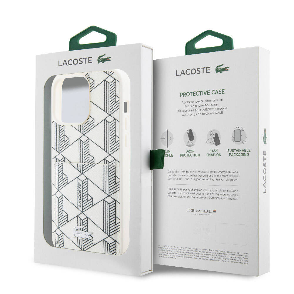 Apple iPhone 15 Pro Max Uyumlu Kılıf Lacoste Orjinal Lisanslı M-safe Şarj Özellikli PU Deri Görünümlü Kartlıklı Karışık Monogram Desenli Kapak - 13