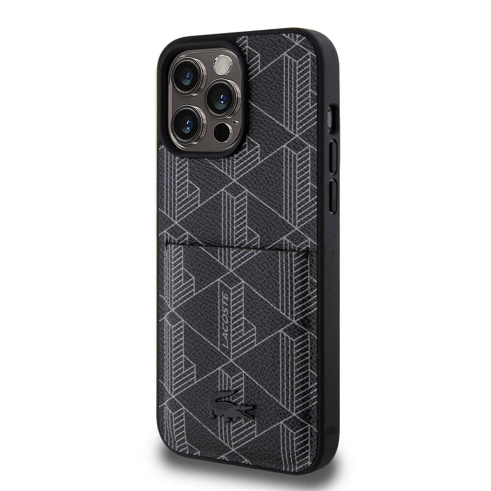 Apple iPhone 15 Pro Max Uyumlu Kılıf Lacoste Orjinal Lisanslı M-safe Şarj Özellikli PU Deri Görünümlü Kartlıklı Karışık Monogram Desenli Kapak - 15