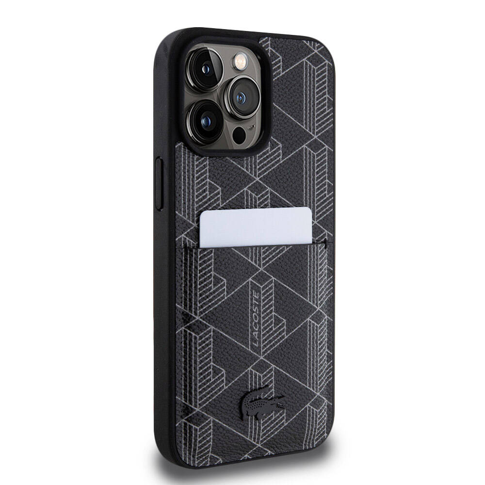 Apple iPhone 15 Pro Max Uyumlu Kılıf Lacoste Orjinal Lisanslı M-safe Şarj Özellikli PU Deri Görünümlü Kartlıklı Karışık Monogram Desenli Kapak - 17