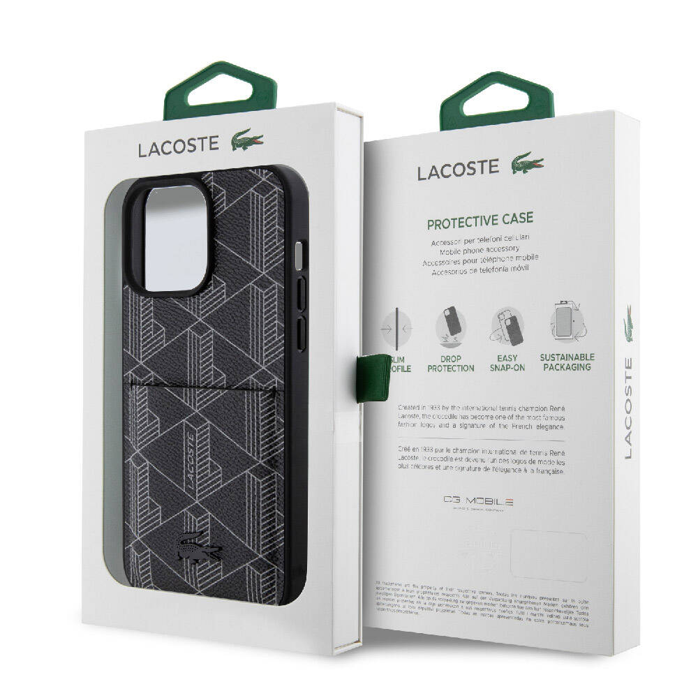 Apple iPhone 15 Pro Max Uyumlu Kılıf Lacoste Orjinal Lisanslı M-safe Şarj Özellikli PU Deri Görünümlü Kartlıklı Karışık Monogram Desenli Kapak - 21