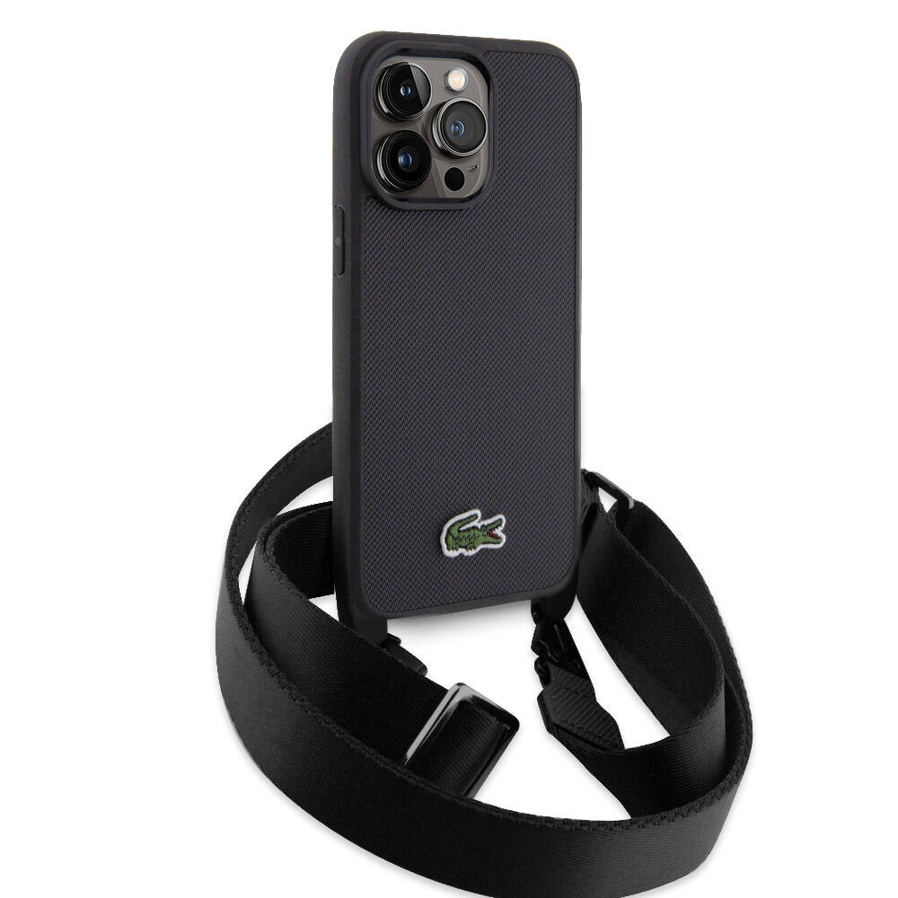 Apple iPhone 15 Pro Max Uyumlu Kılıf Lacoste Orjinal Lisanslı PU Pike Desenli Arka Yüzey Askılı İkonik Timsah Dokuma Logolu Kapak - 13