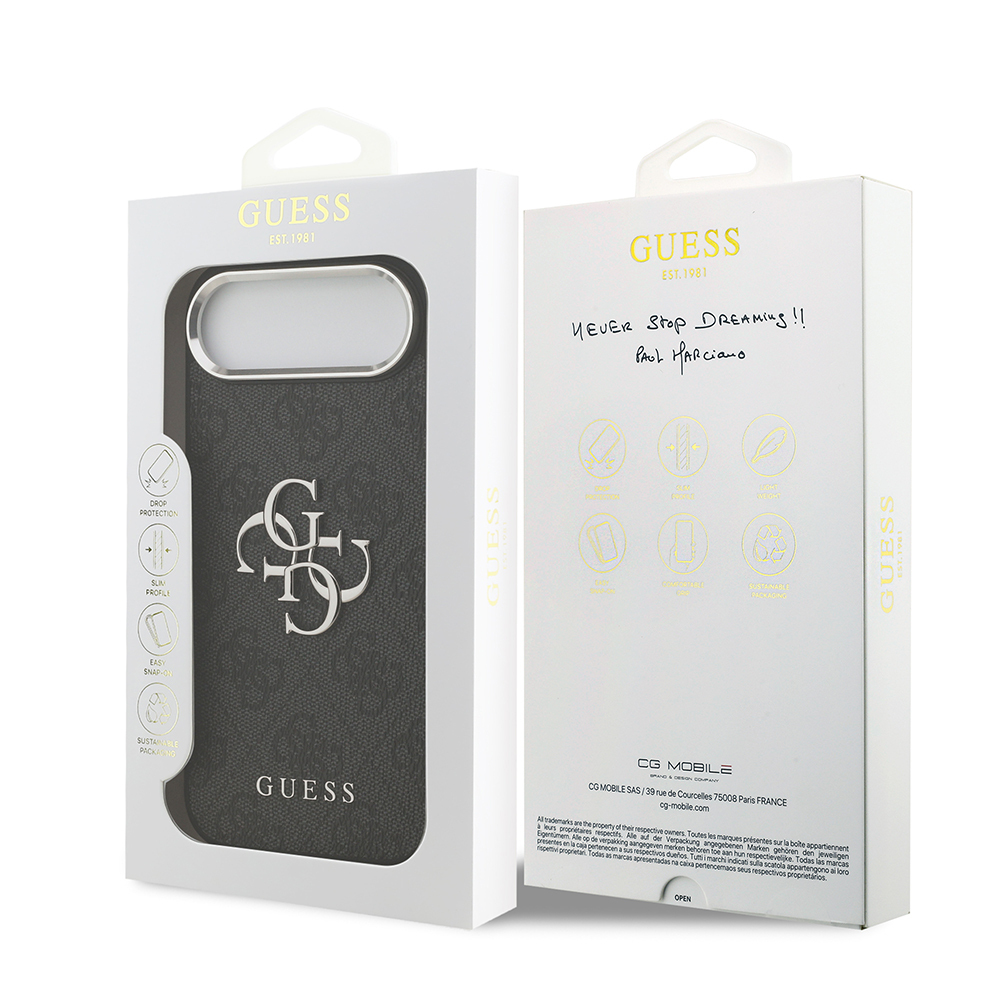 Apple iPhone 17 Air Uyumlu Kılıf Guess Orjinal Lisanslı Gümüş Metal Kamera Çerçeveli 4G Desenli Metal Büyük 4G ve Yazı Logolu Kapak - 13