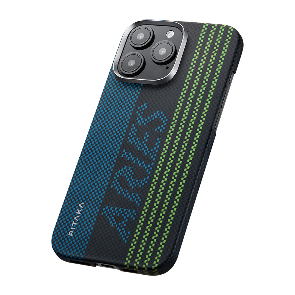 Apple iPhone 16 Pro Uyumlu Kılıf Magsafe Şarj Özellikli Lumintex Teknolojili Fosforlu Aramid Fiber Pitaka Tactile Woven Aries Serisi Credit Card Kapak - 3