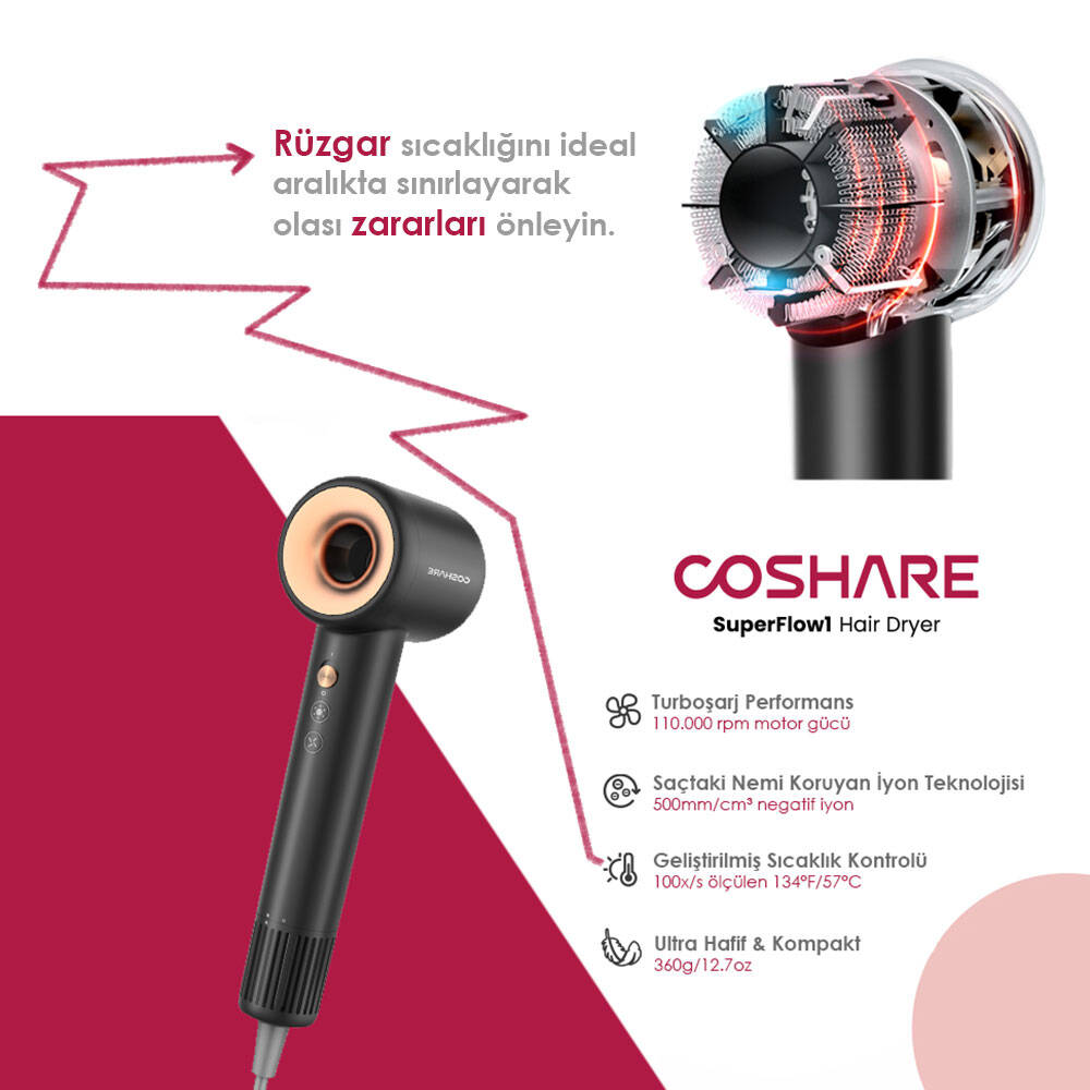 Coshare HD10E SuperFlow1 İyon Teknolojili Isı Dereceli Led Işıklı Saç Kurutma Fön Makinesi - 16