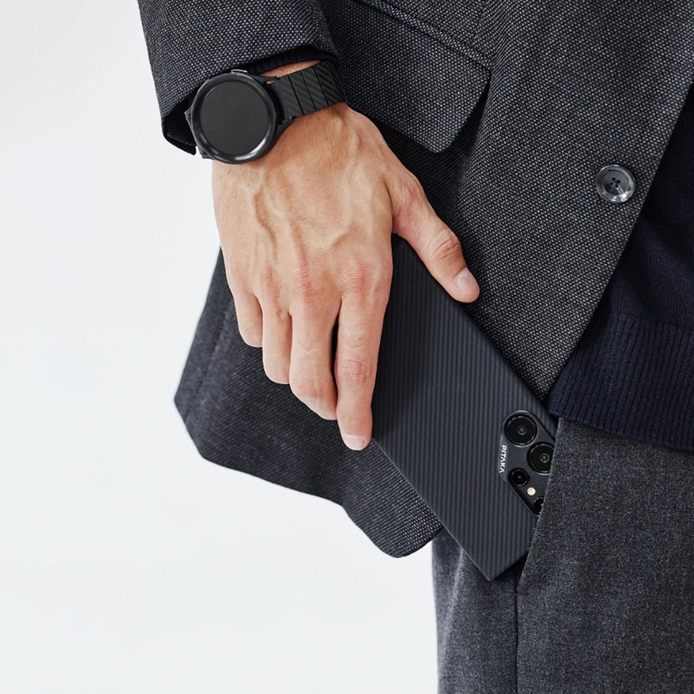 Samsung Galaxy S24 Ultra Uyumlu Kılıf Magsafe Şarj Özellikli 600D Aramid Fiber Pitaka Ultra-Slim Classic Serisi Black-Grey Twill Kapak - 5