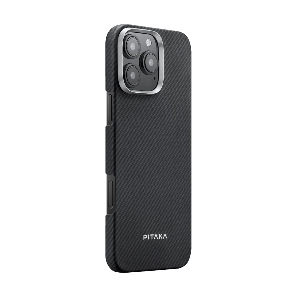 Apple iPhone 16 Pro Uyumlu Kılıf Magsafe Şarj Özellikli 600D Aramid Fiber Pitaka Ultra-Slim Classic Serisi Black-Grey Twill Kapak - 1