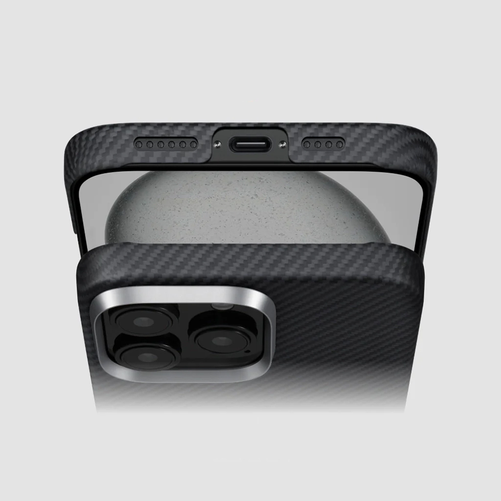 Apple iPhone 16 Pro Uyumlu Kılıf Magsafe Şarj Özellikli 600D Aramid Fiber Pitaka Ultra-Slim Classic Serisi Black-Grey Twill Kapak - 4