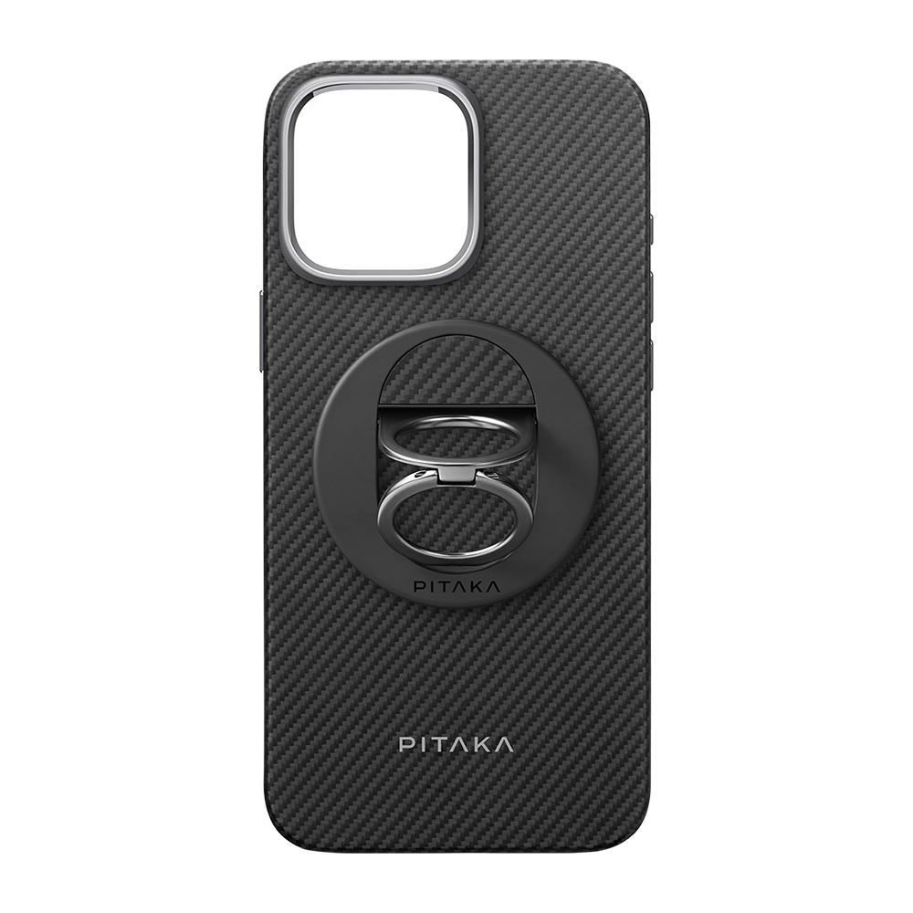 Apple iPhone 16 Pro Max Uyumlu Kılıf Magsafe Şarj Özellikli Grip 3 Standlı Aramid Fiber Pitaka Military Grade Classic Serisi Black-Grey Twill Kapak - 1