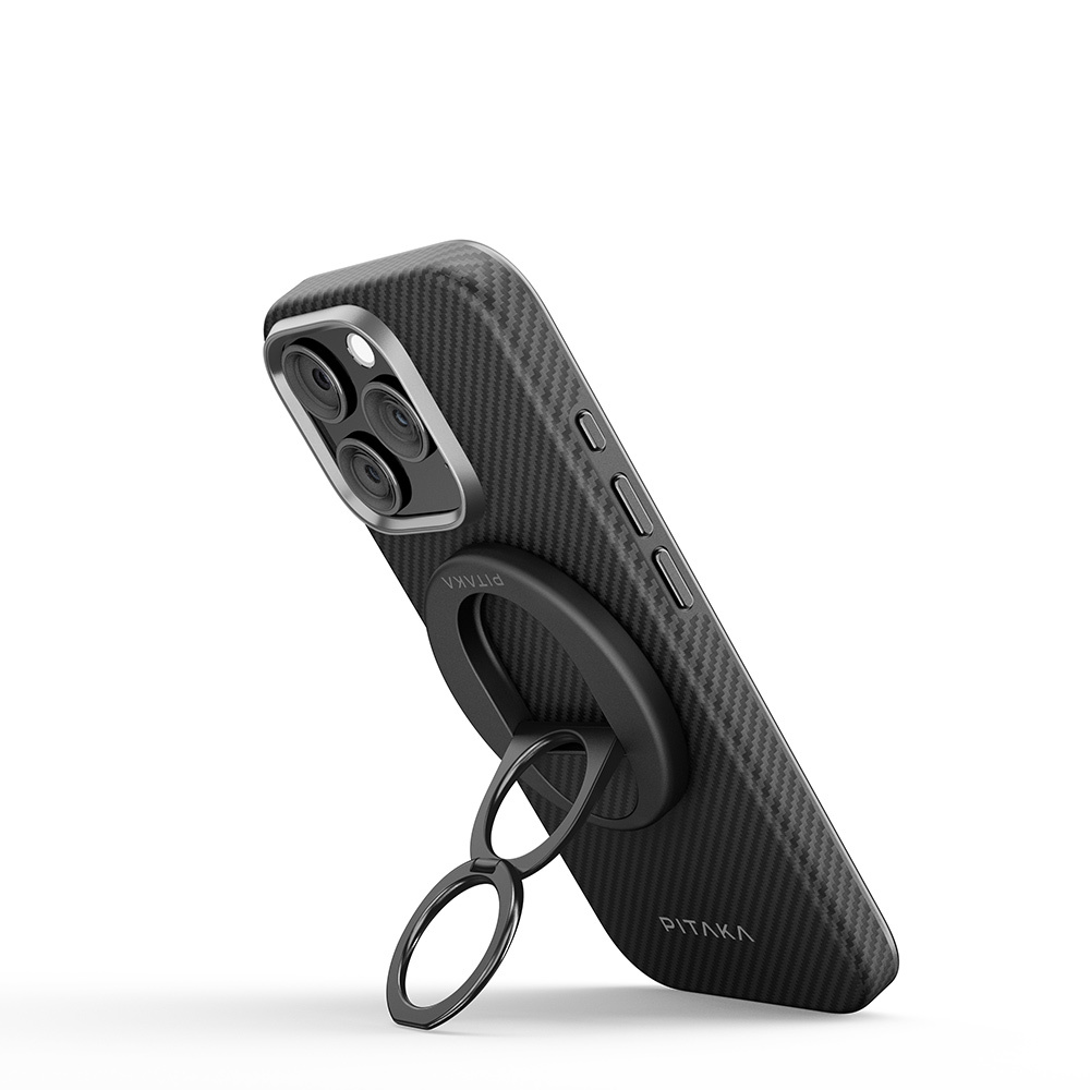 Apple iPhone 16 Pro Max Uyumlu Kılıf Magsafe Şarj Özellikli Grip 3 Standlı Aramid Fiber Pitaka Military Grade Classic Serisi Black-Grey Twill Kapak - 2