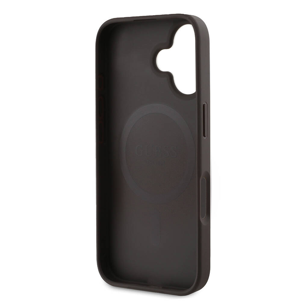 Apple iPhone 16 Uyumlu Kılıf Guess Orjinal Lisanslı M-safe Şarj Özellikli PU Deri 4G Desenli Taşlı Üçgen Logolu Kapak - 13
