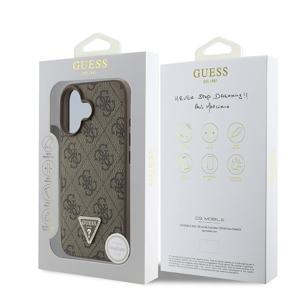 Apple iPhone 16 Uyumlu Kılıf Guess Orjinal Lisanslı M-safe Şarj Özellikli PU Deri 4G Desenli Taşlı Üçgen Logolu Kapak - 14