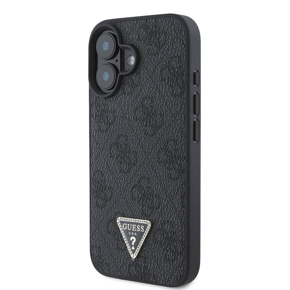 Apple iPhone 16 Uyumlu Kılıf Guess Orjinal Lisanslı M-safe Şarj Özellikli PU Deri 4G Desenli Taşlı Üçgen Logolu Kapak - 15