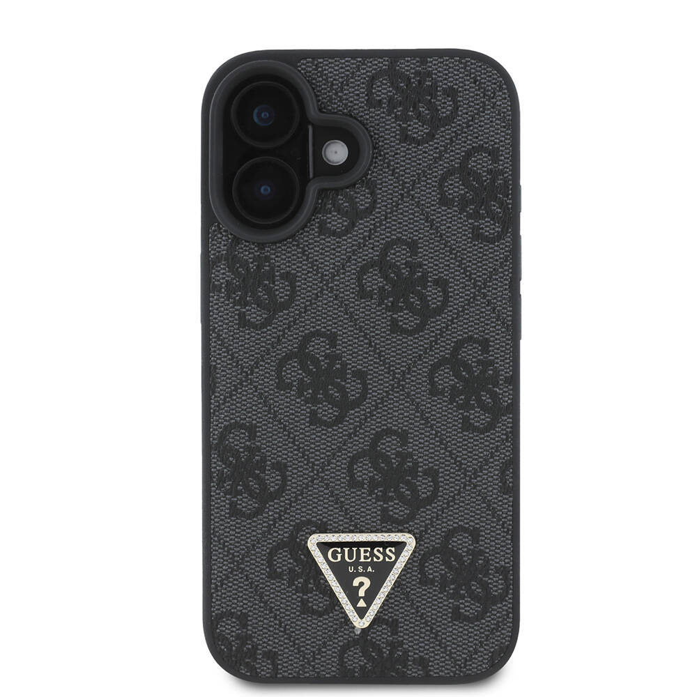 Apple iPhone 16 Uyumlu Kılıf Guess Orjinal Lisanslı M-safe Şarj Özellikli PU Deri 4G Desenli Taşlı Üçgen Logolu Kapak - 16