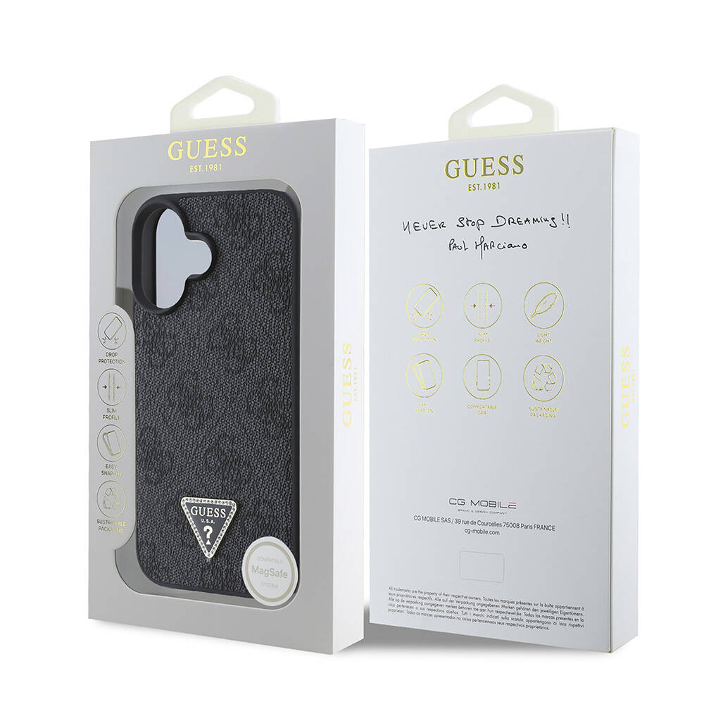 Apple iPhone 16 Uyumlu Kılıf Guess Orjinal Lisanslı M-safe Şarj Özellikli PU Deri 4G Desenli Taşlı Üçgen Logolu Kapak - 21