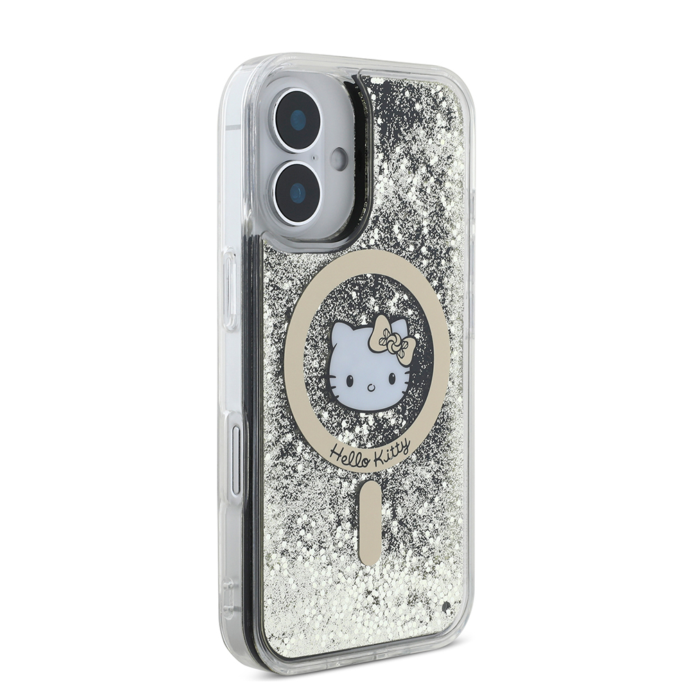 Apple iPhone 16 Uyumlu Kılıf Hello Kitty Orjinal Lisanslı Magsafe Şarj Özellikli IML Baskı Kitty Head Logolu Sıvılı Simli Altın Ateşi Kapak - 4