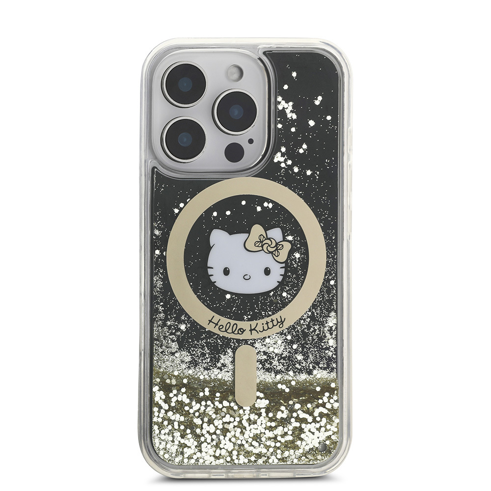 Apple iPhone 16 Pro Max Uyumlu Kılıf Hello Kitty Orjinal Lisanslı Magsafe Şarj Özellikli IML Baskı Kitty Head Logolu Sıvılı Simli Altın Ateşi Kapak - 2