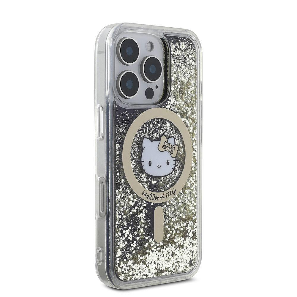 Apple iPhone 16 Pro Max Uyumlu Kılıf Hello Kitty Orjinal Lisanslı Magsafe Şarj Özellikli IML Baskı Kitty Head Logolu Sıvılı Simli Altın Ateşi Kapak - 3