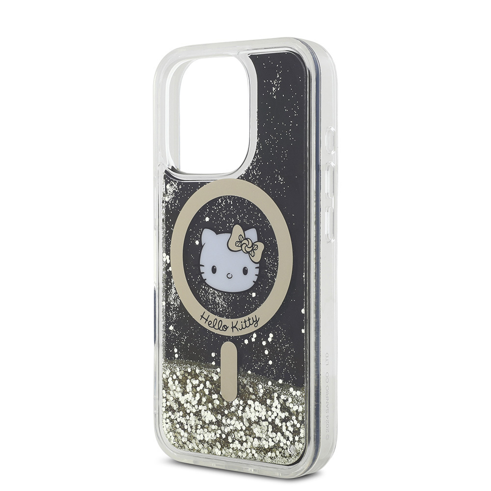 Apple iPhone 16 Pro Max Uyumlu Kılıf Hello Kitty Orjinal Lisanslı Magsafe Şarj Özellikli IML Baskı Kitty Head Logolu Sıvılı Simli Altın Ateşi Kapak - 5
