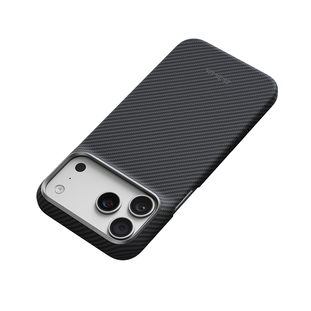 Apple iPhone 18 Pro Kılıf M-safe Şarj Özellikli 1500D Aramid Karbon Fiber Pitaka Ultra-Slim Classic Serisi Black-Grey Twill Kapak - 5