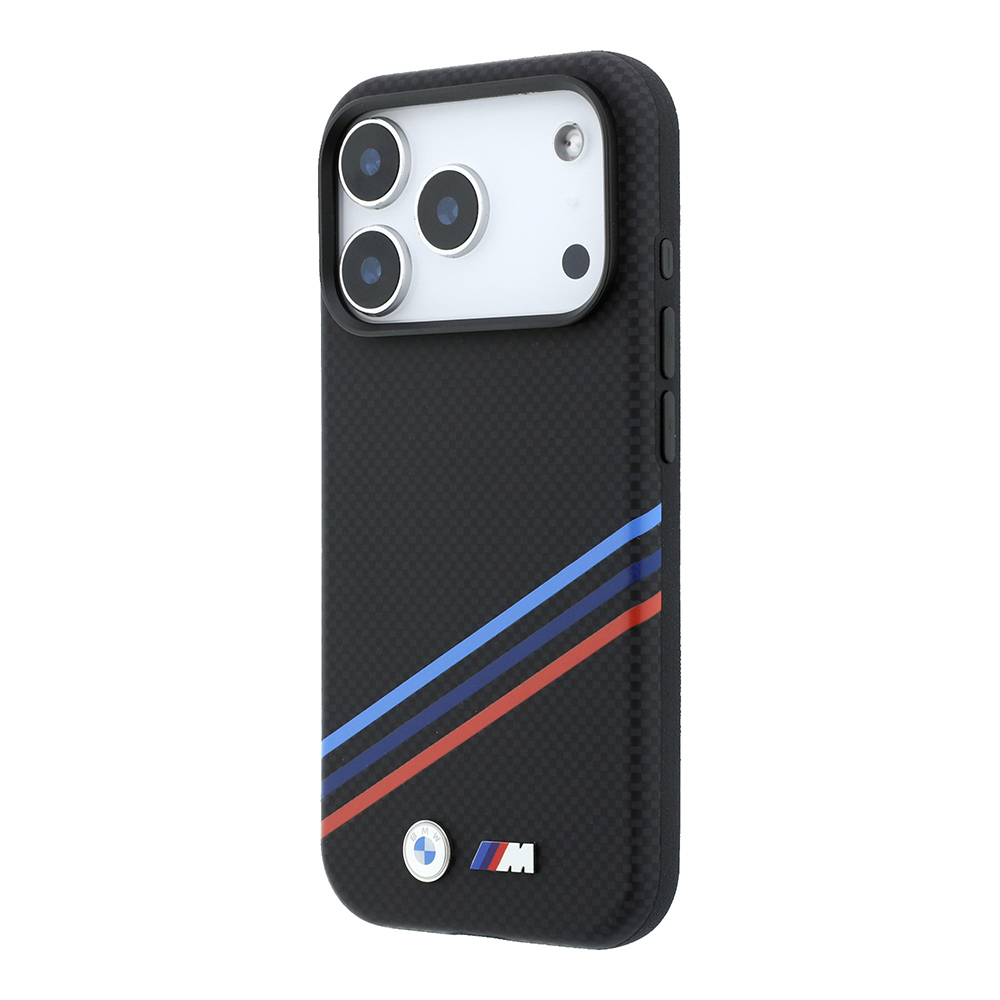 Apple iPhone 18 Pro Max Kılıf BMW Orjinal Lisanslı M-safe Şarj Özellikli Üç Şeritli Metal M Logolu Karbon Fiber Kevlar Kapak - 1