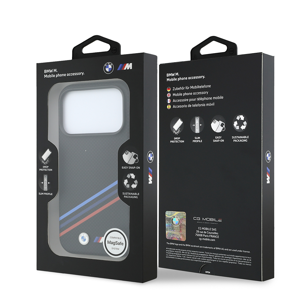 Apple iPhone 18 Pro Max Kılıf BMW Orjinal Lisanslı M-safe Şarj Özellikli Üç Şeritli Metal M Logolu Karbon Fiber Kevlar Kapak - 7
