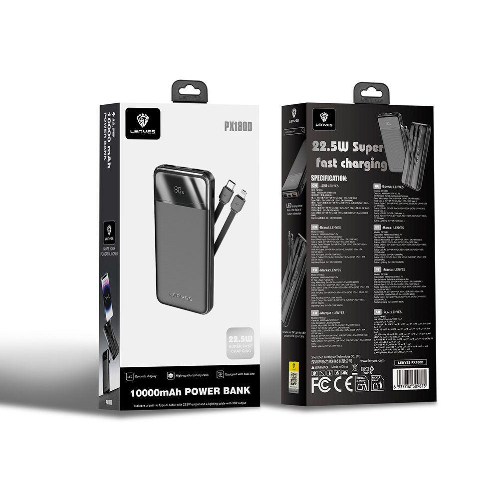 Lenyes PX180D Dijital LED Ekranlı Type-C ve Lightning Kablolu Powerbank 22.5W 10.000mAh - 5