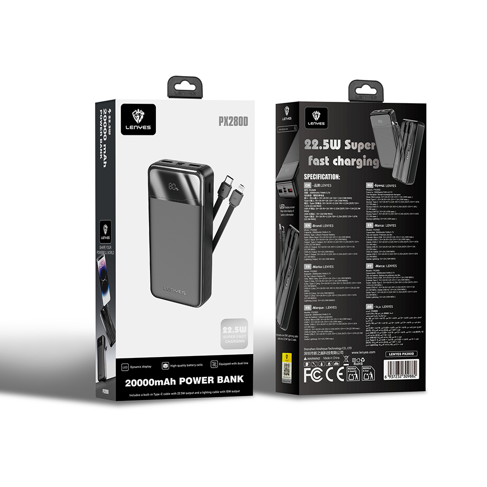 Lenyes PX280D Dijital LED Ekranlı Type-C ve Lightning Kablolu Powerbank 22.5W 20.000mAh - 3