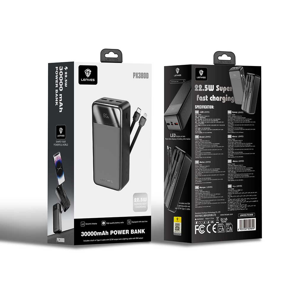 Lenyes PX380D Dijital LED Ekranlı Type-C ve Lightning Kablolu Powerbank 22.5W 30.000mAh - 4