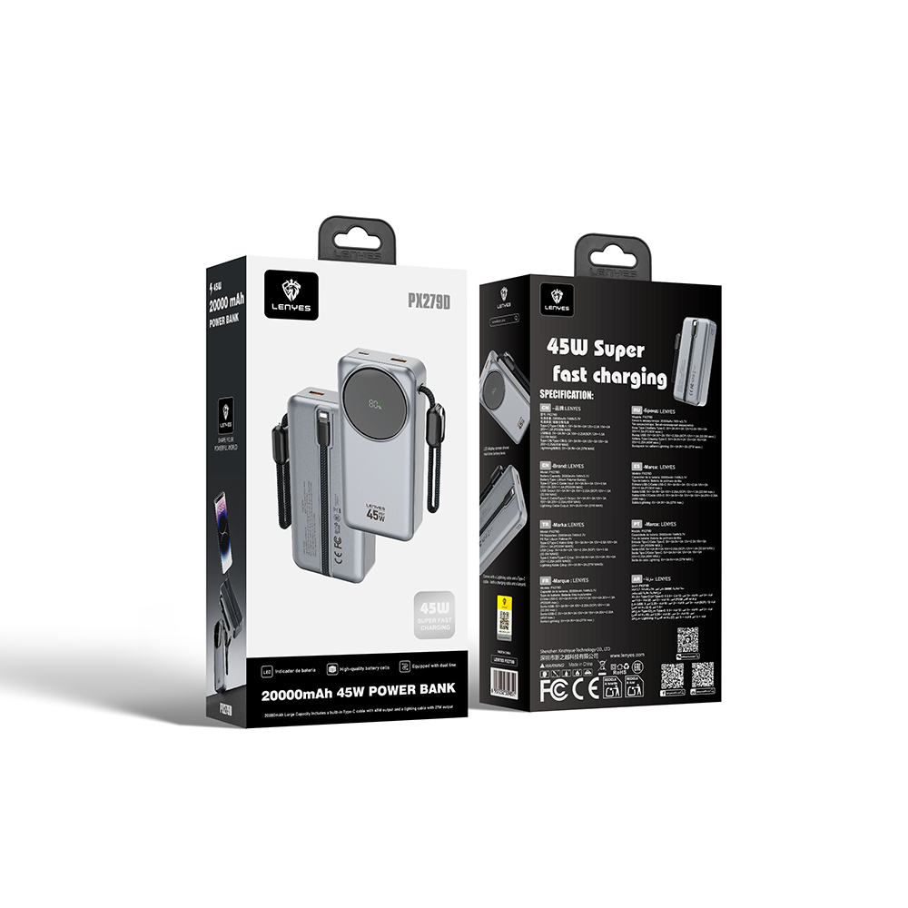 Lenyes PX279D Dijital LED Ekranlı Type-C ve Lightning Kablolu Powerbank 45W 20.000mAh - 4