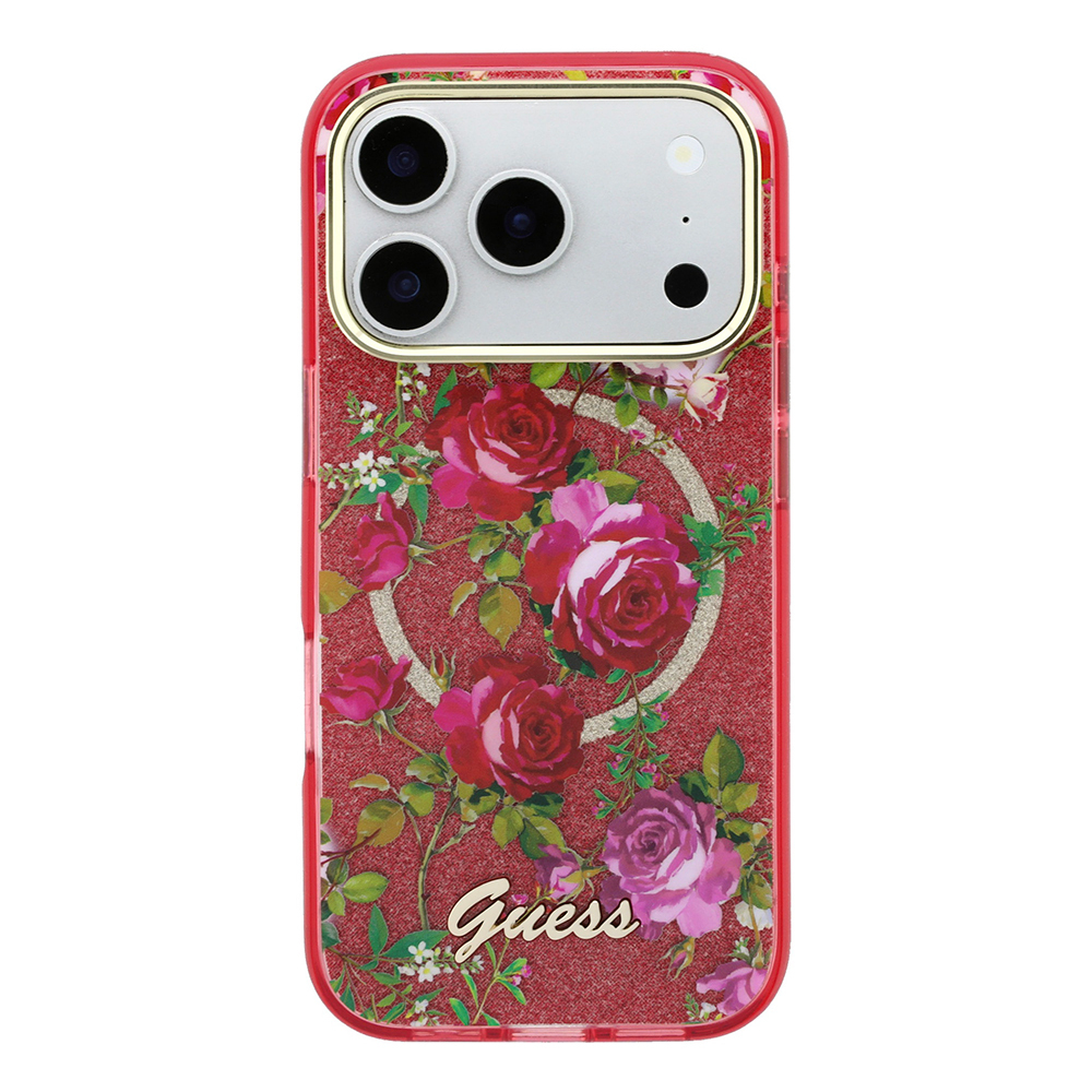 Apple iPhone 18 Pro Kılıf Guess Orjinal Lisanslı M-safe Şarj Özellikli Gül Desenli Simli Yazı Logolu Kapak - 2