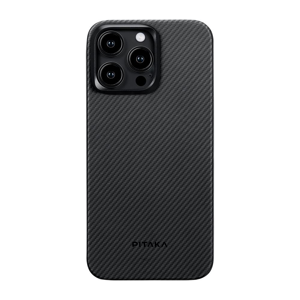 Apple iPhone 15 Pro Uyumlu Kılıf Magsafe Şarj Özellikli 600D Aramid Fiber Pitaka Ultra-Slim Classic Serisi Black-Grey Twill Kapak - 1