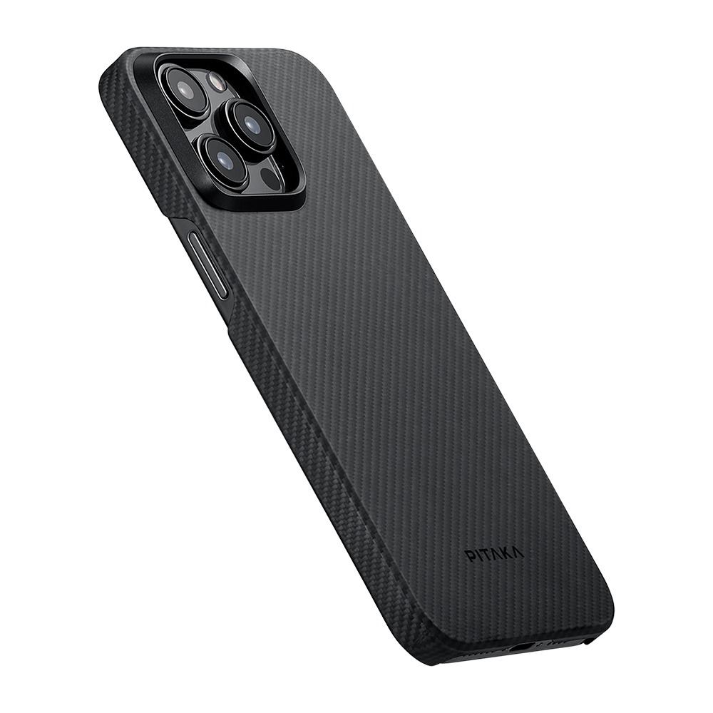 Apple iPhone 15 Pro Uyumlu Kılıf Magsafe Şarj Özellikli 600D Aramid Fiber Pitaka Ultra-Slim Classic Serisi Black-Grey Twill Kapak - 4