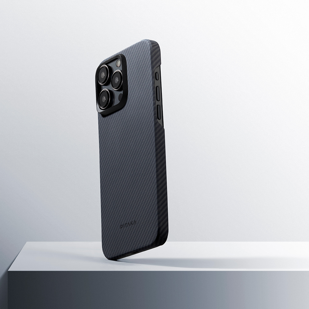 Apple iPhone 15 Pro Uyumlu Kılıf Magsafe Şarj Özellikli 600D Aramid Fiber Pitaka Ultra-Slim Classic Serisi Black-Grey Twill Kapak - 9